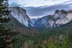 Views over the Yosemite Valley floor at sunset.