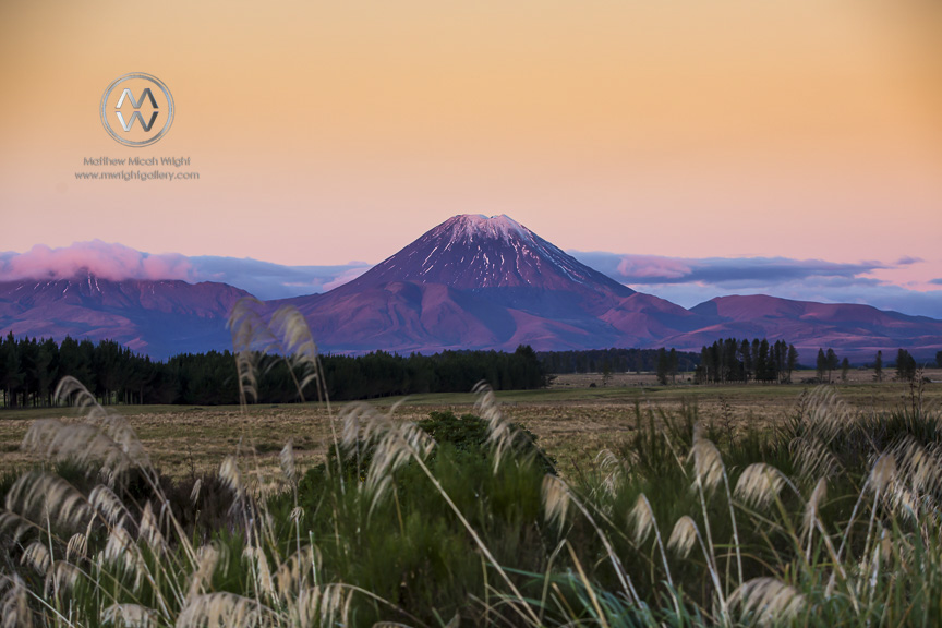 The famous Mount Doom and Tongariro Crossing loom in the background in New Zealand's Tongariro National Park.