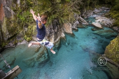The Blue Pools of Makarora offer enticing blue waters to swim in. A man jumps off a bridge into the water.