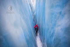 Travelers explore New Zealand's famous Franz Josef Glacier. Blue Ice, deep crevasses, caves and tunnels mark the ever changing ice.