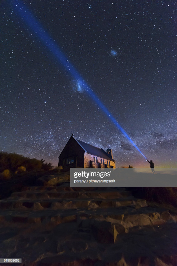 Church of the Good Shephard with Aurora Australis (Southern Lights) and milky way galaxy