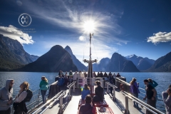 A boat cruie into Milford Sound. The famous Mitre Peak shows in the background.