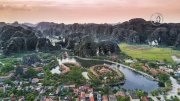 Views over the stunning countryside of Vietnam's Ninh Binh. Limestone mountains cover the area and leand to many numerous caves and grottos.