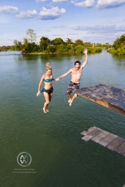 The island of Don Det is an upcoming backpacker stop on the Mekong River along the Cambodia/Laos border. This high platform is a great place to dive into the river from.