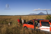 Camping out the back of a campervan in the Tongariro National Park. Mt. Doom can be seen in the background.