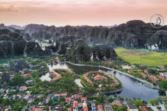 Views over the stunning countryside of Vietnam's Ninh Binh. Limestone mountains cover the area and leand to many numerous caves and grottos.