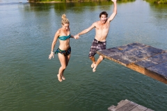 The island of Don Det is an upcoming backpacker stop on the Mekong River along the Cambodia/Laos border. This high platform is a great place to dive into the river from.
